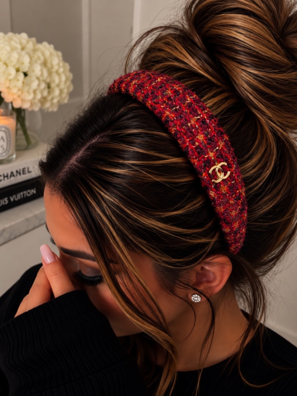 Red & Black Tweed Headband with Gold Emblem (1)